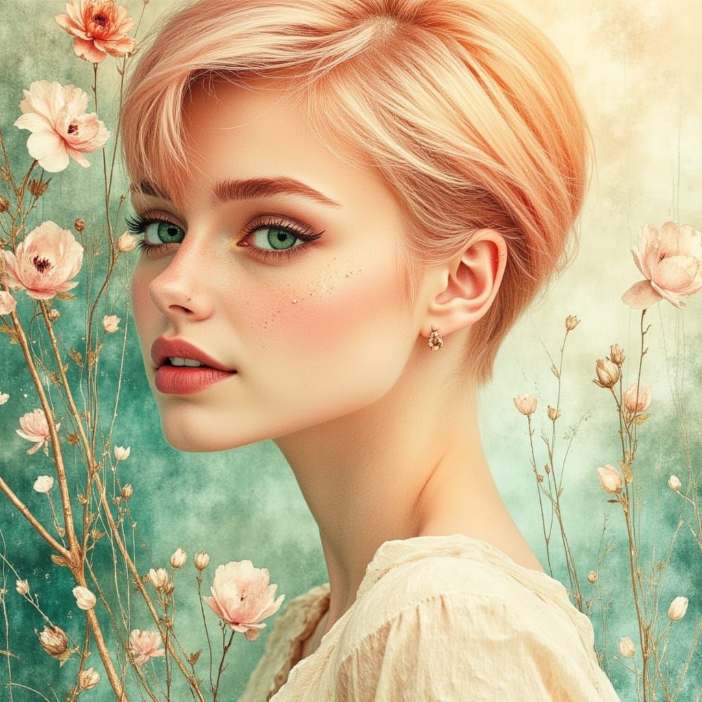 Beautiful Woman with Green Eyes in Misty Sunrise