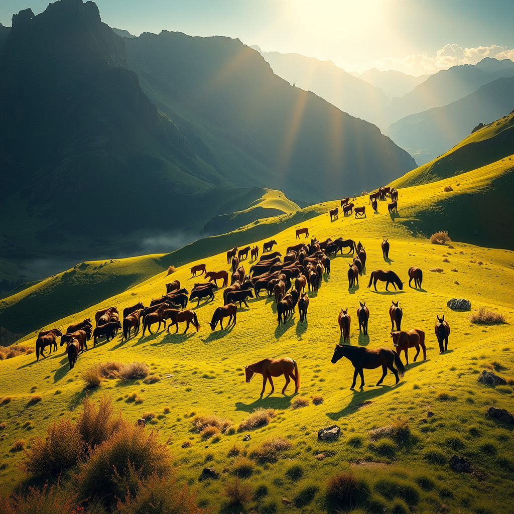 Horses and Cattle Grazing in Lesotho, Romantic Style