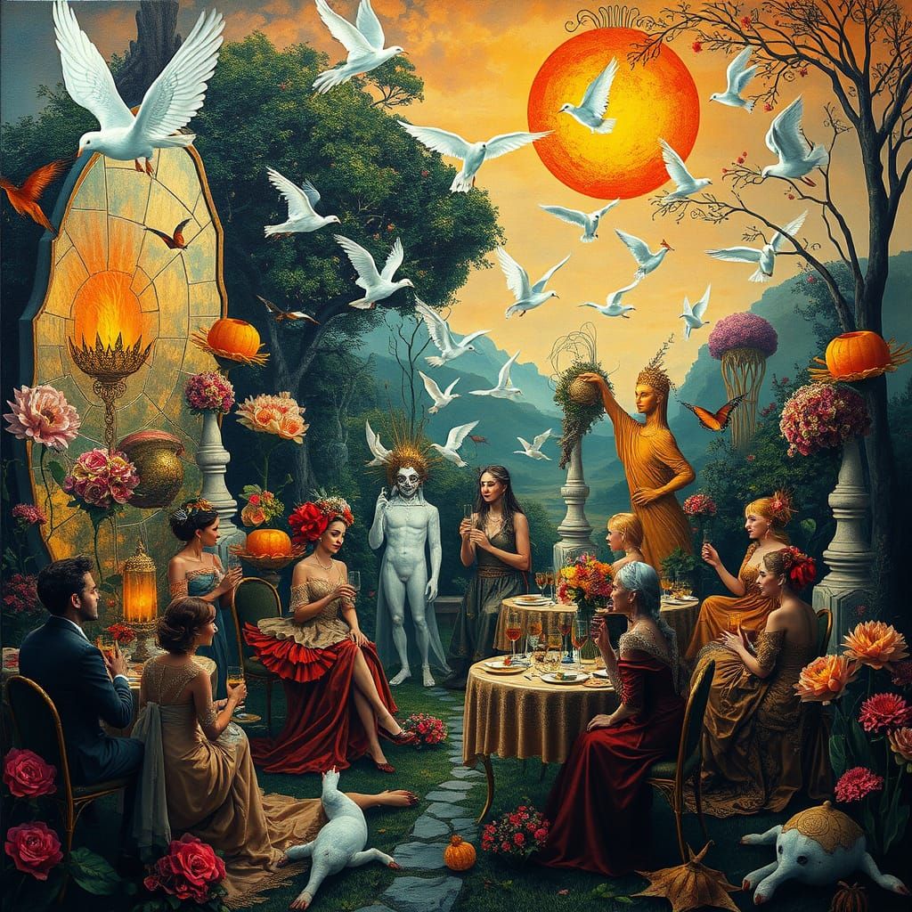Surreal Garden Party with Dreamlike Creatures