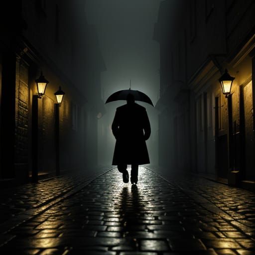 Noir Film Still: Solitary Figure in Cobblestone Streets