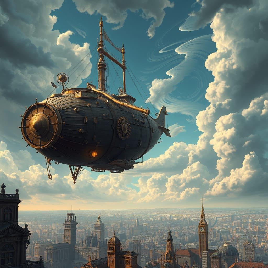 Steampunk Airship Soaring Through Victorian Cityscape