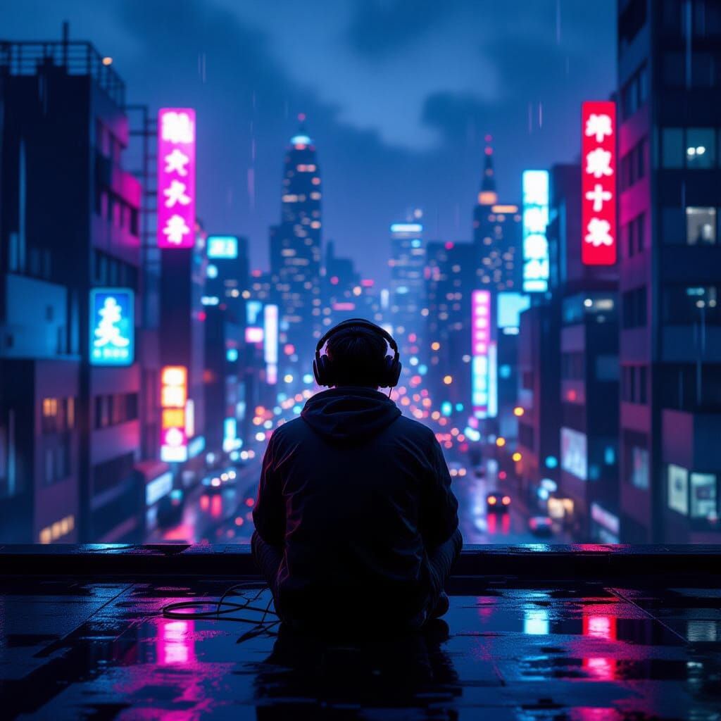 Musician on Rooftop Overlooking Cyberpunk City at Twilight