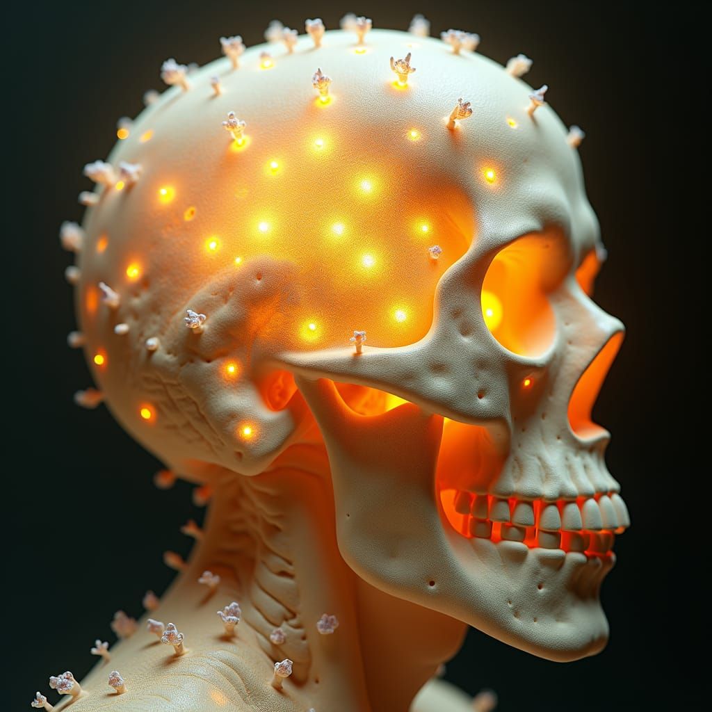 Golden-Brained Skull with SIM Cards in Surreal Style