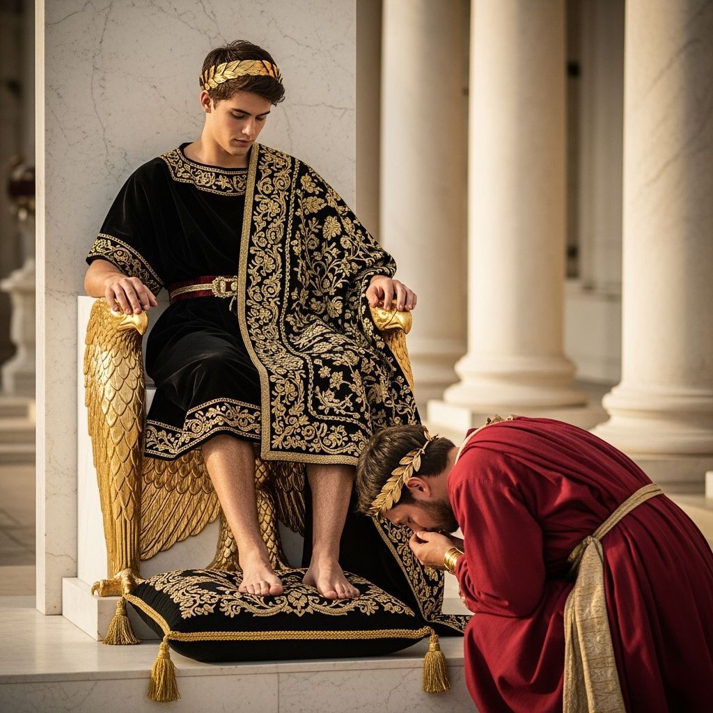Young Emperor on Eagle Throne in Lavish Toga