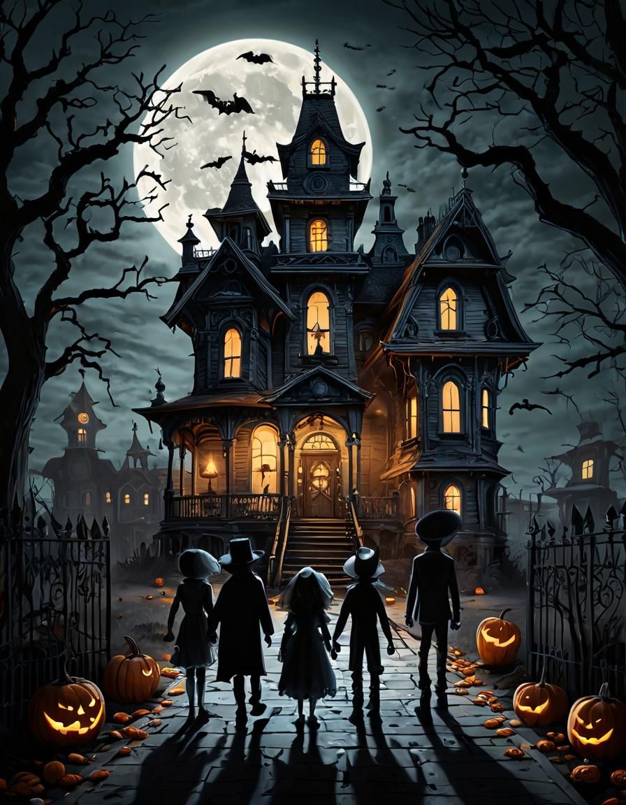 Halloween Kids Approaching Haunted House in Cartoon Style