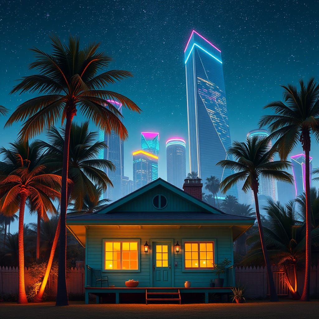 Vintage House Amidst Modern Skyscrapers at Night
