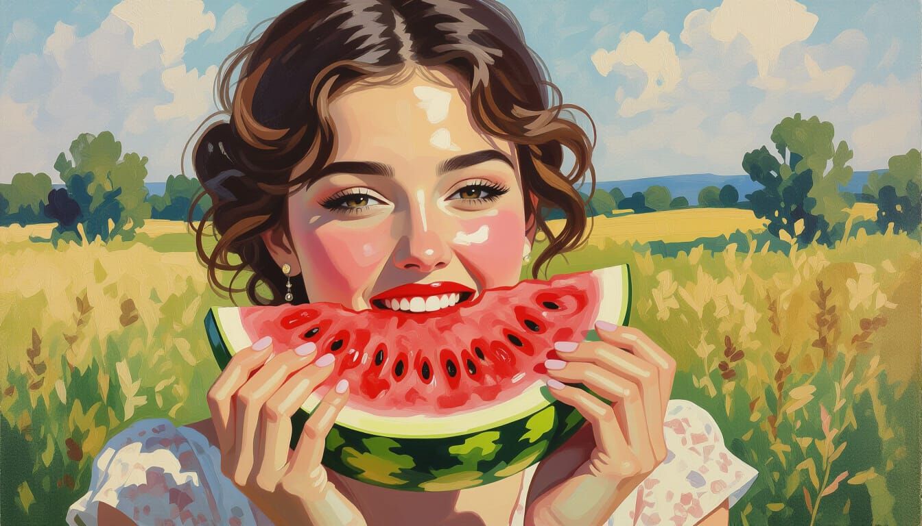 Woman Biting Watermelon in Impressionist Gouache Style