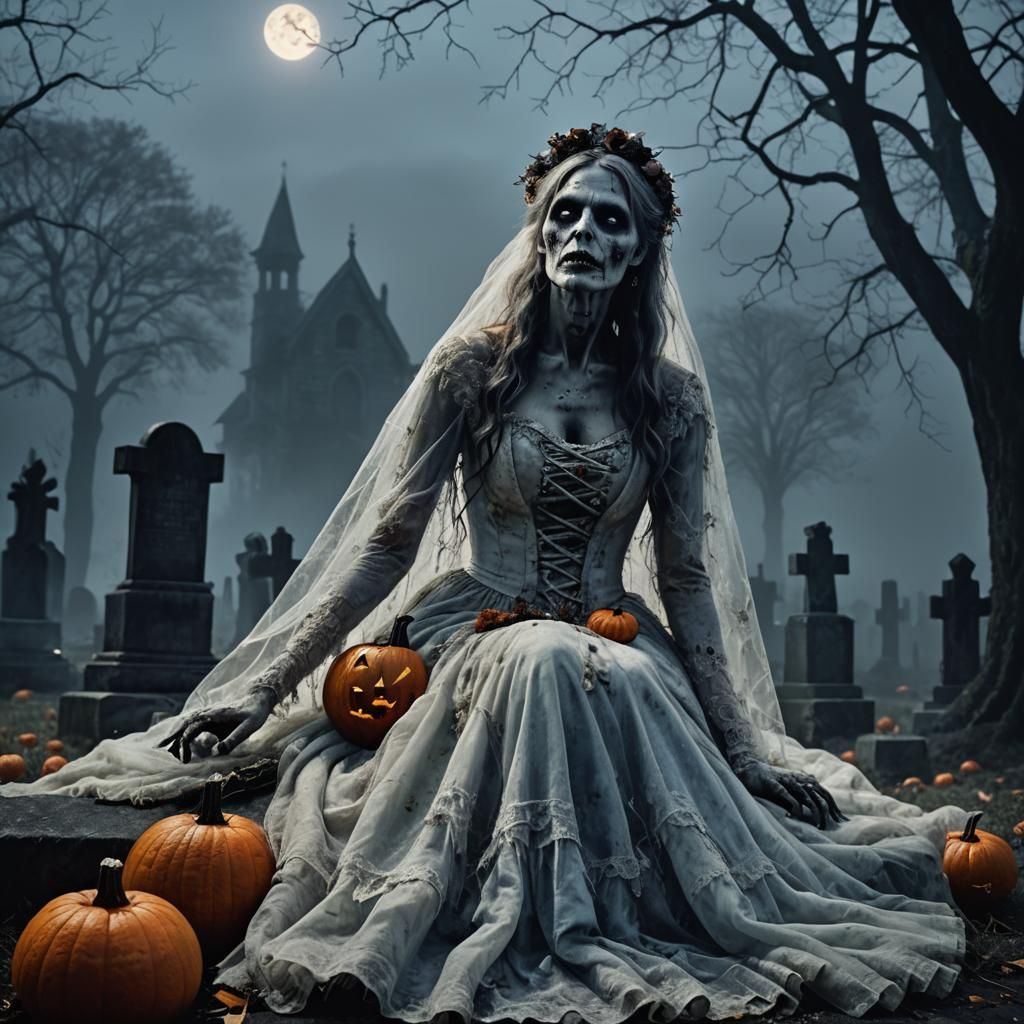 Zombie Bride in Graveyard: Gothic Horror Scene