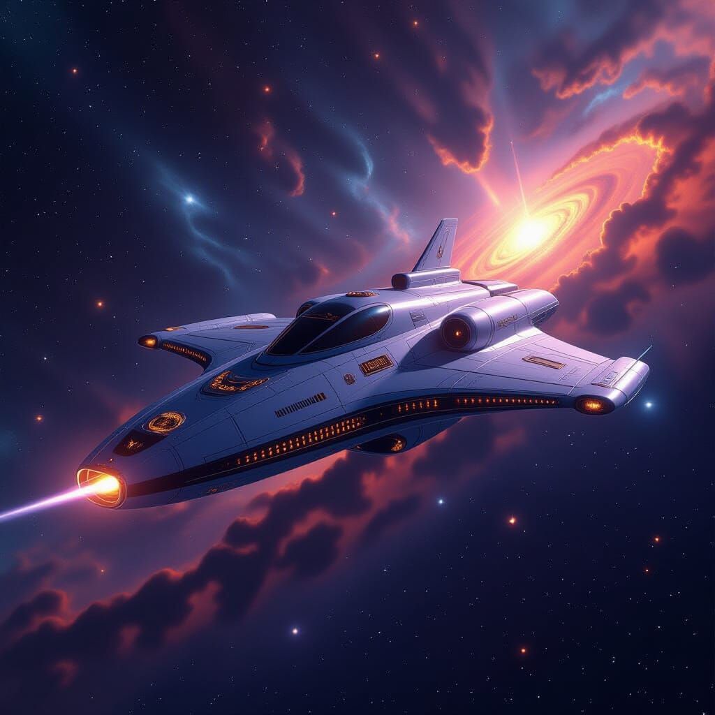 Retro-Futuristic Spaceship in Dying Galaxy, Cinematic Style