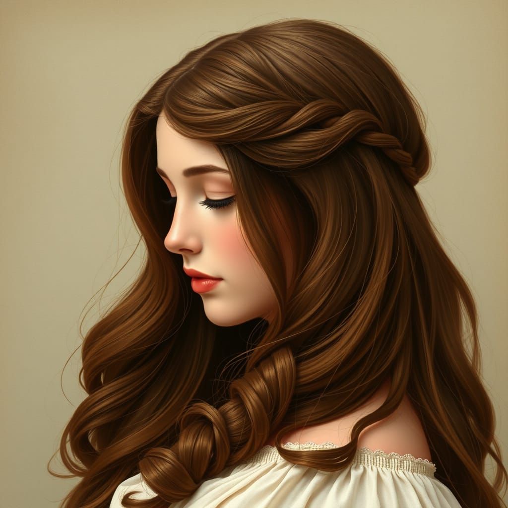 Woman with Braided Brown Hair, Art Nouveau Style
