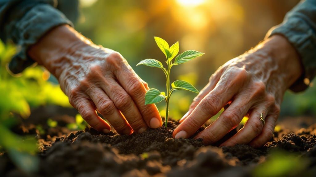 Weathered Hands Plant Sapling in Golden Hour Garden