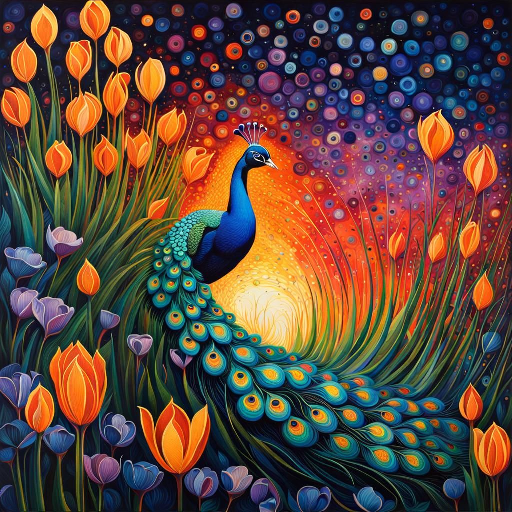 Peacock in Flight Over Bioluminescent Field