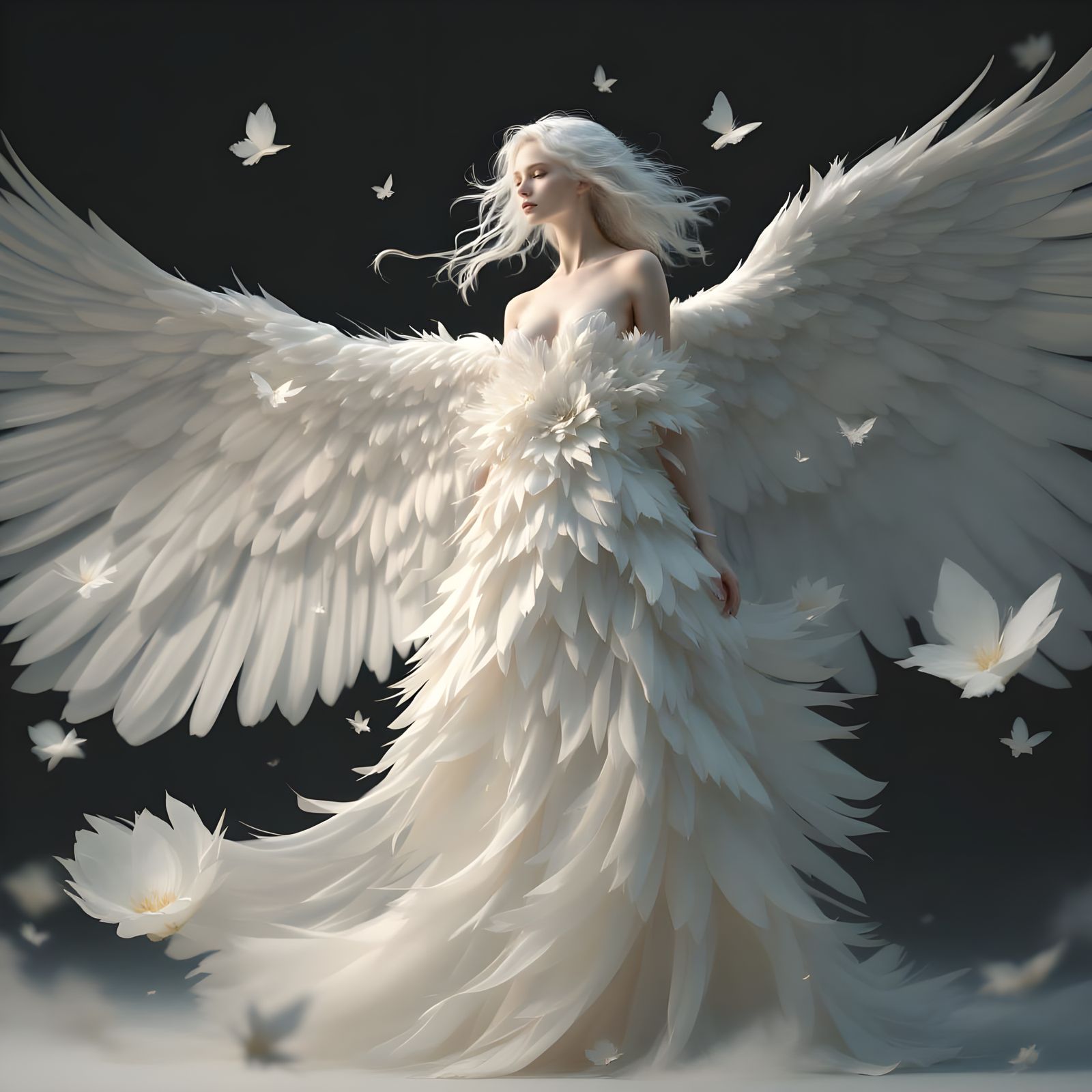 Ethereal Fantasy Goddess in Shimmering Gown and Majestic Win...