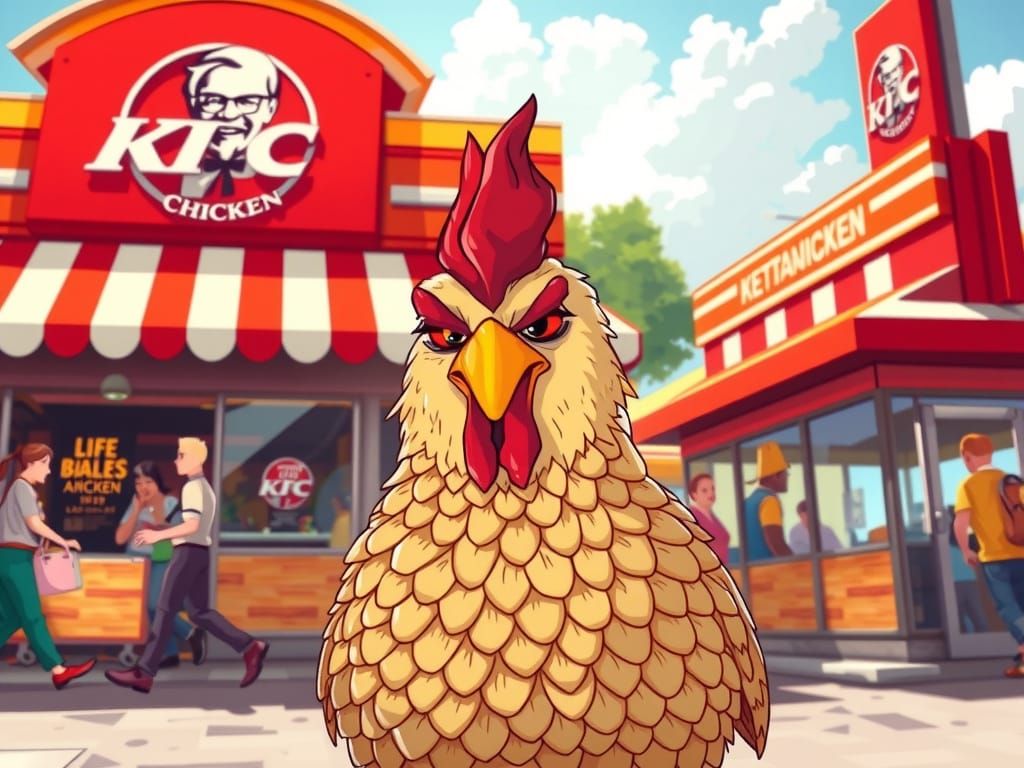 Angry Scaled Chicken Birthday at KFC, Cartoon Style