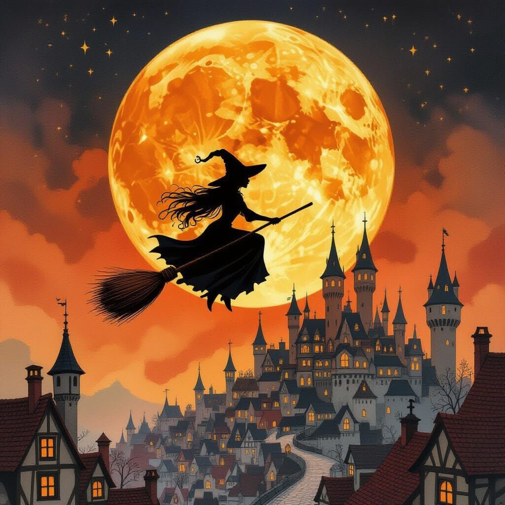 Whimsical Witch Silhouette Against Orange Moon in Watercolor