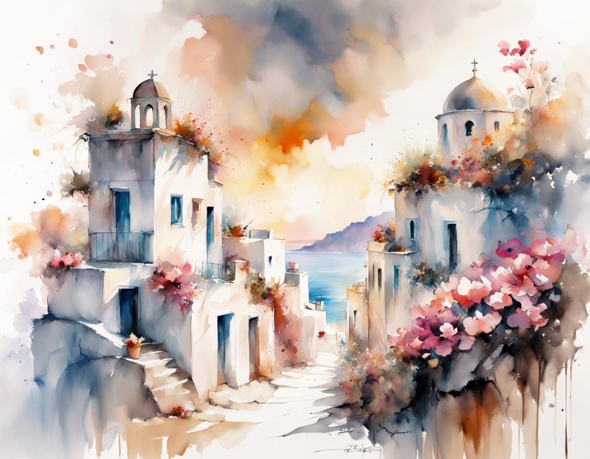 Santorini Sunset: Watercolour Cliffside Village