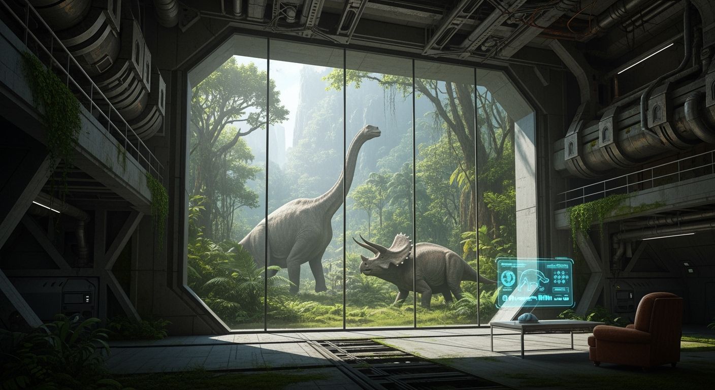 Bunker Overlooking Jungle with Dinosaurs, in Sci-Fi Style