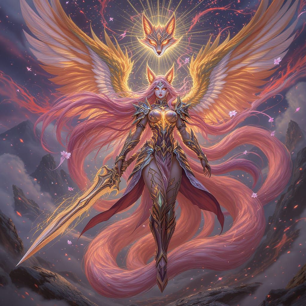 Celestial Fox Warrior in Twilight Sky