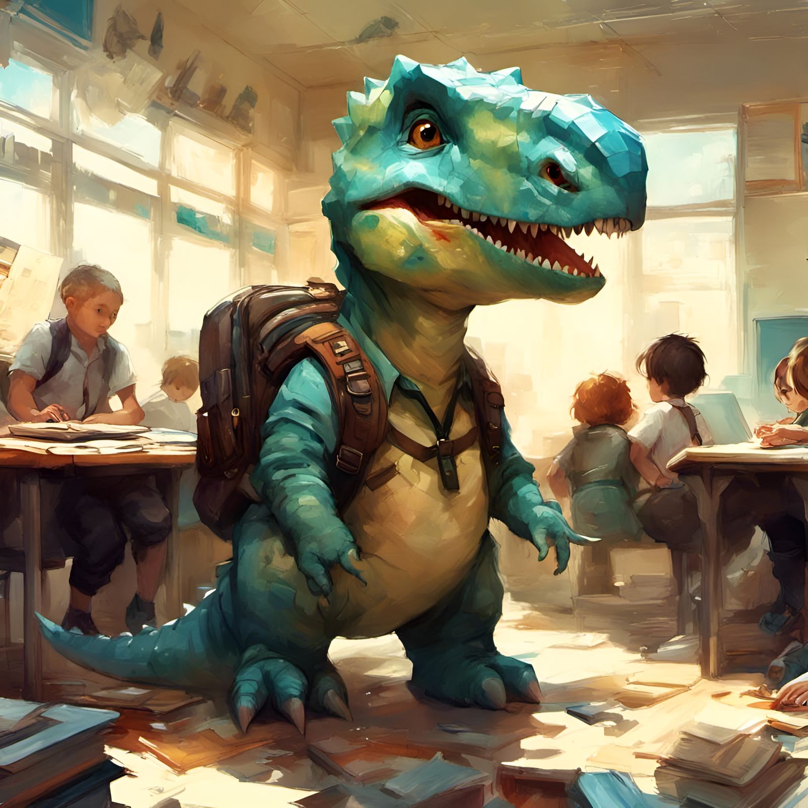 Chibi Dinosaur Attends School on a Sunny Day