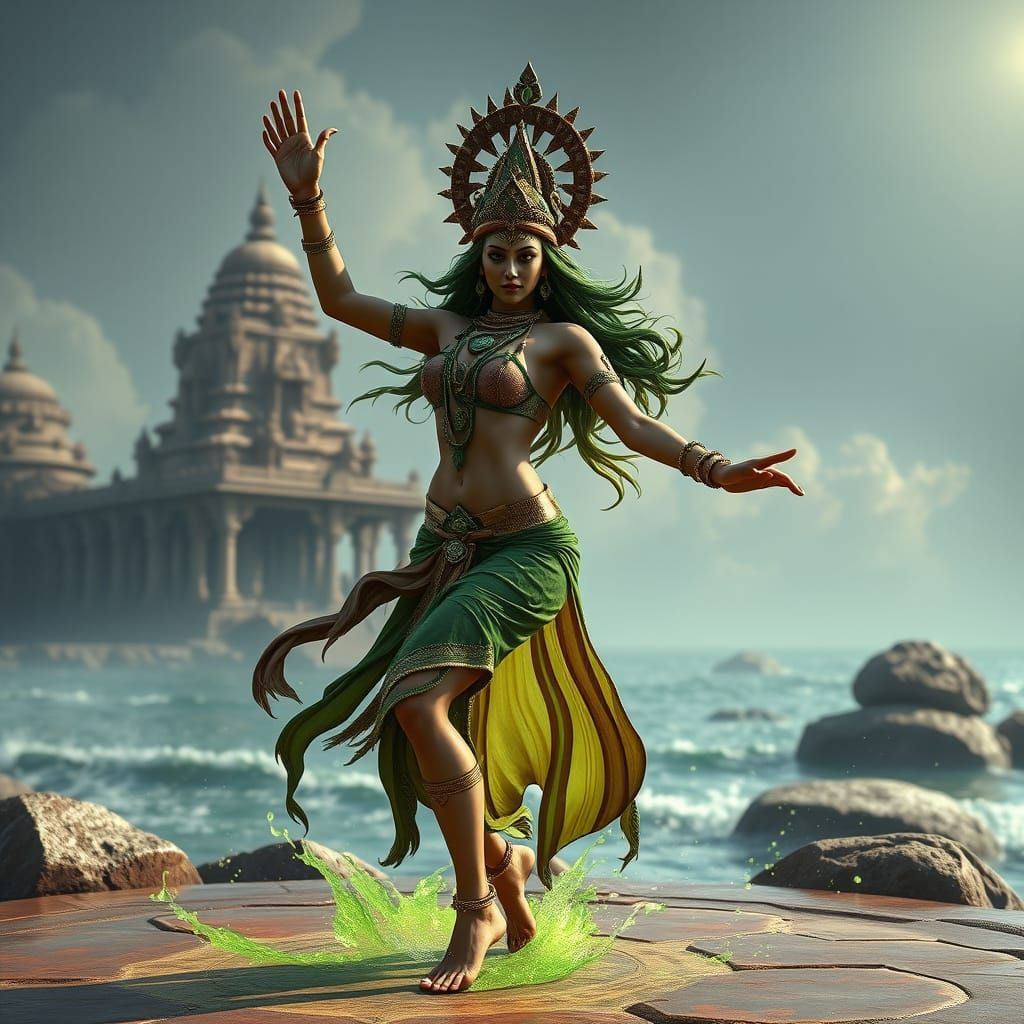 Tantric Goddess Dancing by the Sea in Khajuraho Temple Style