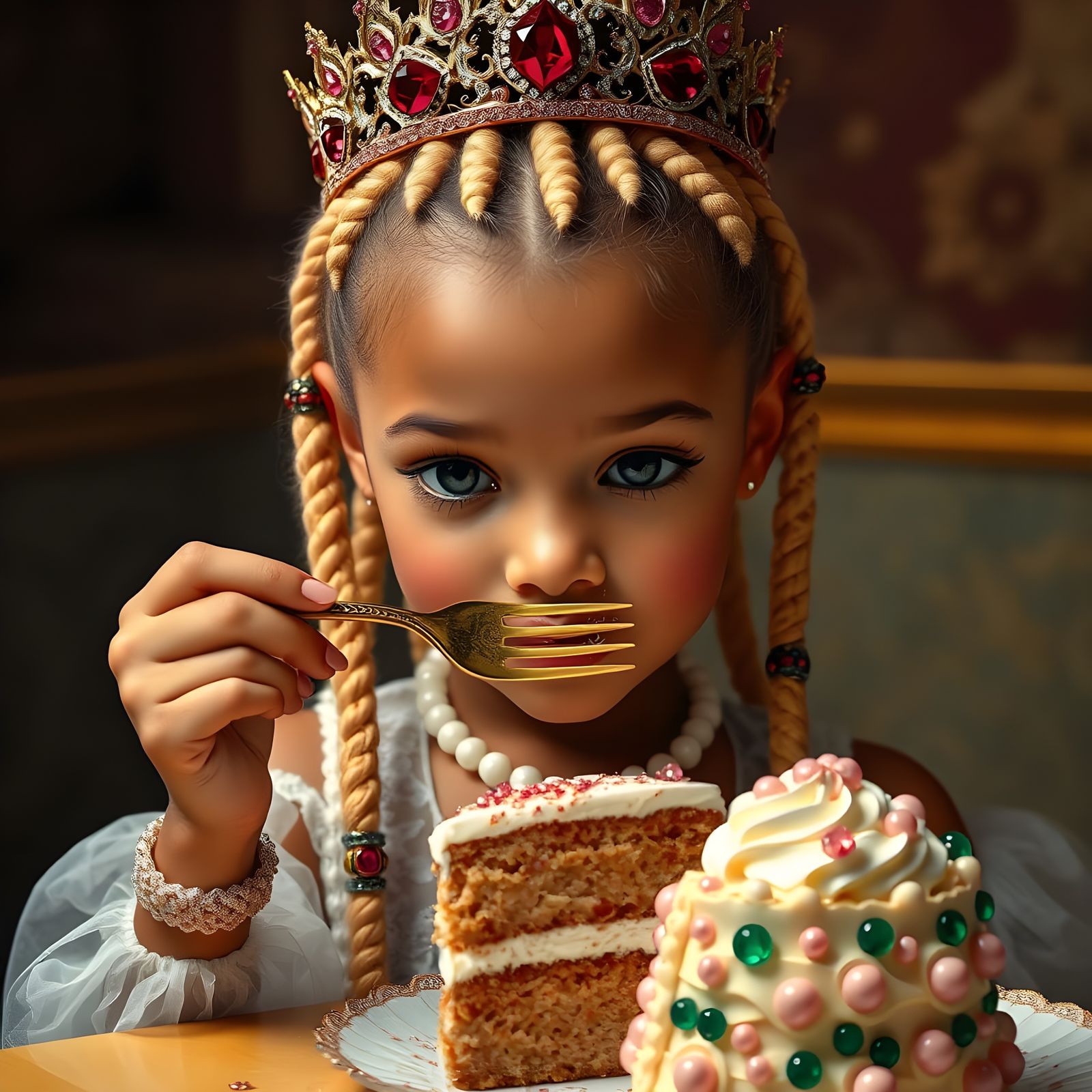 Girl in Vibrant, Beaded Crown Enjoying Whipped Cream Cake