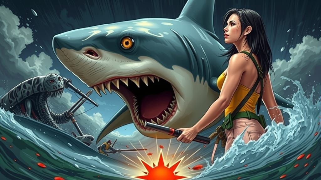 Woman Calmly Defies Menacing Shark in Graphic Novel Style