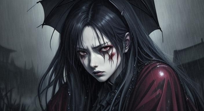 Bleeding Anime Girl in Gothic Style Crying in Rain