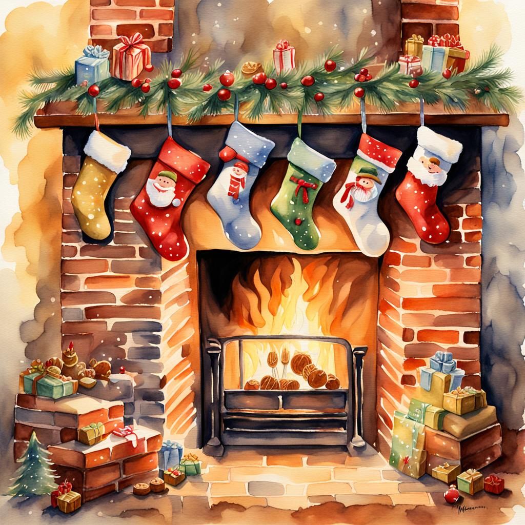 Watercolor Christmas Stocking by Chimney