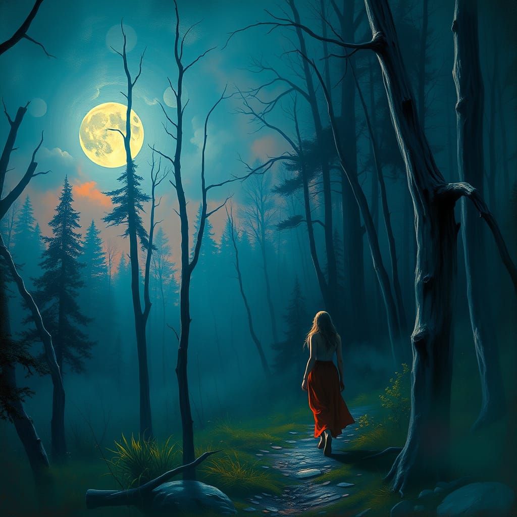 Mystical Forest Moonlight Walk as Impressionist Painting
