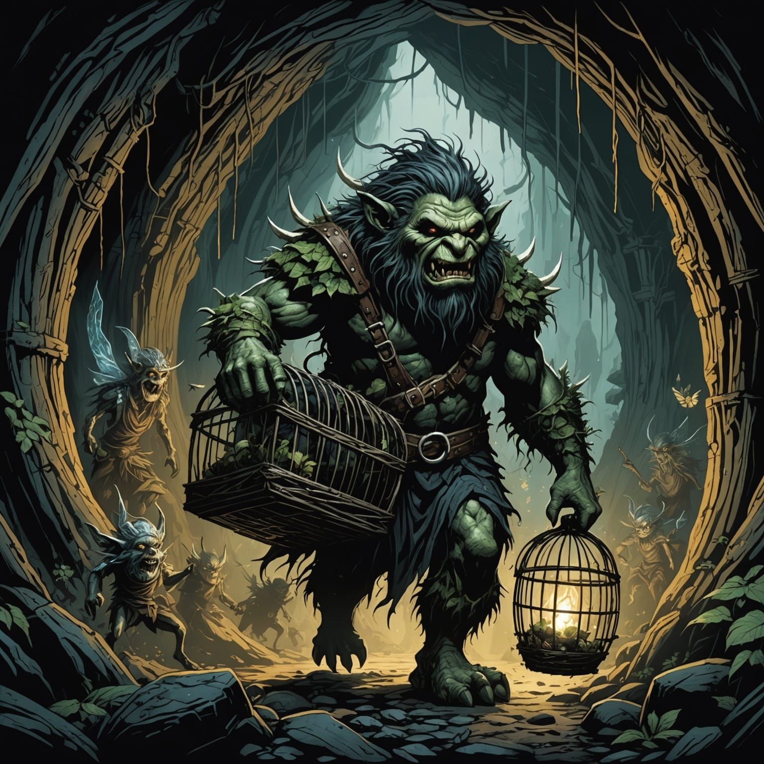 Terrifying Troll Carries Fairies: Comic Book Illustration