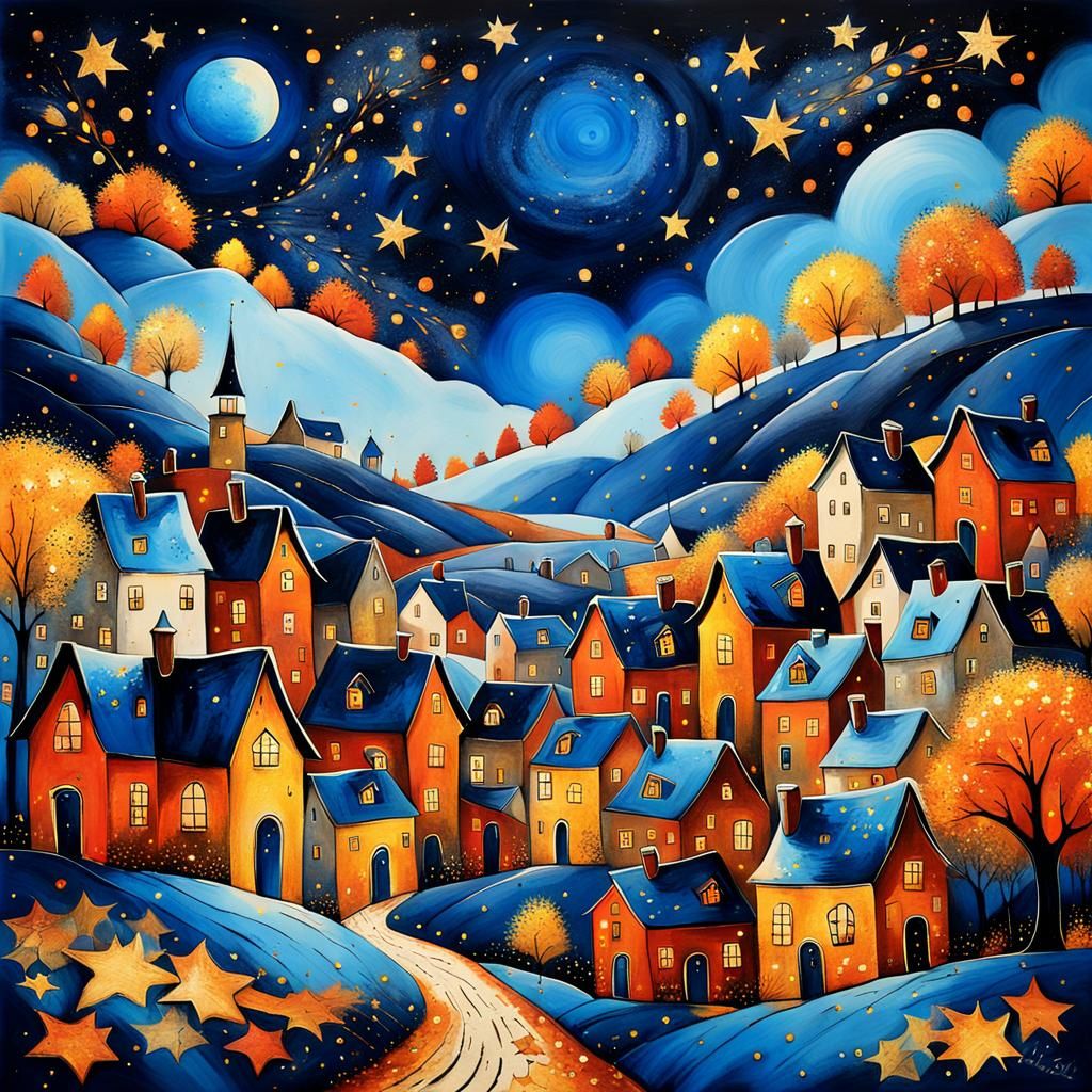 Surreal Autumn Village with Starry Sky