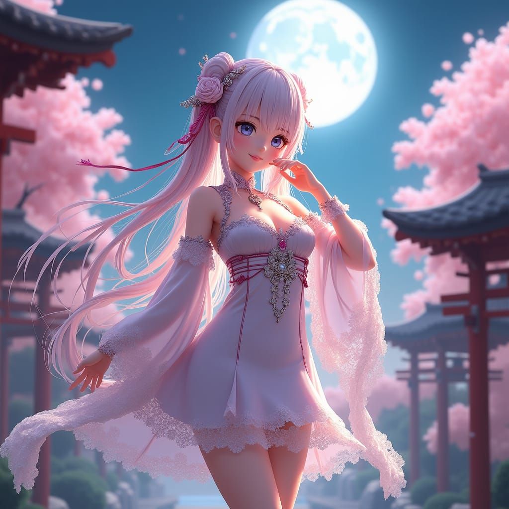 Anime Girl in Moonlit Garden: 3D Anime Art