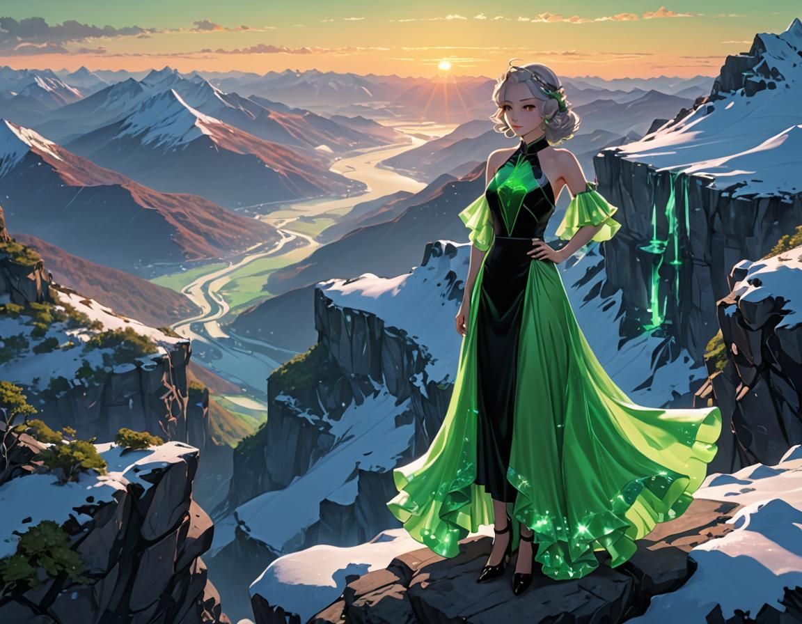 Sunrise Over Frozen Mountains with Retro Anime Fashion