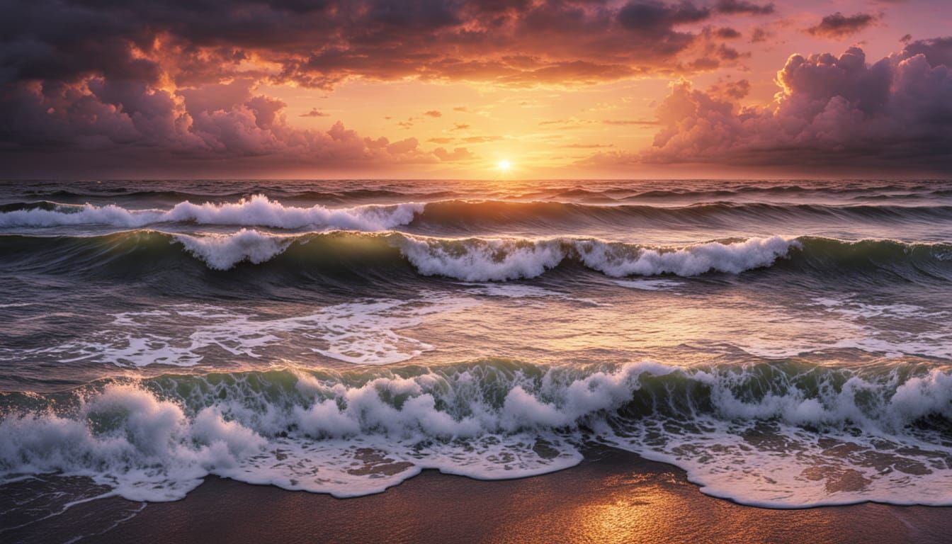 Photorealistic Sunset Over Churning Sea in Pastel Tones
