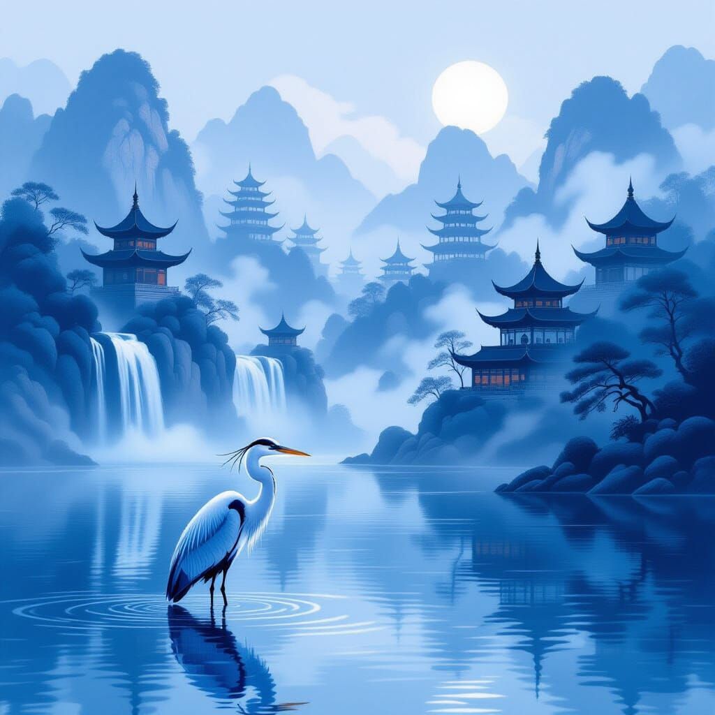 Heron by Waterfall in Misty Oriental Landscape