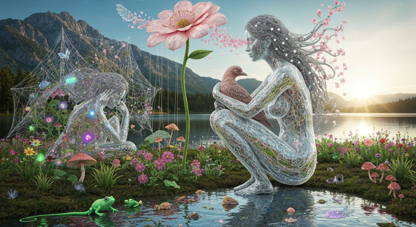 Surreal Bio-Art Sculpture of Woman Entwined with Stars