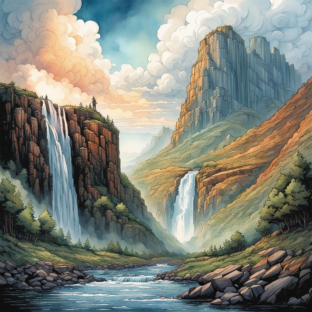 Watercolor Mountain Waterfall Comic Book Art