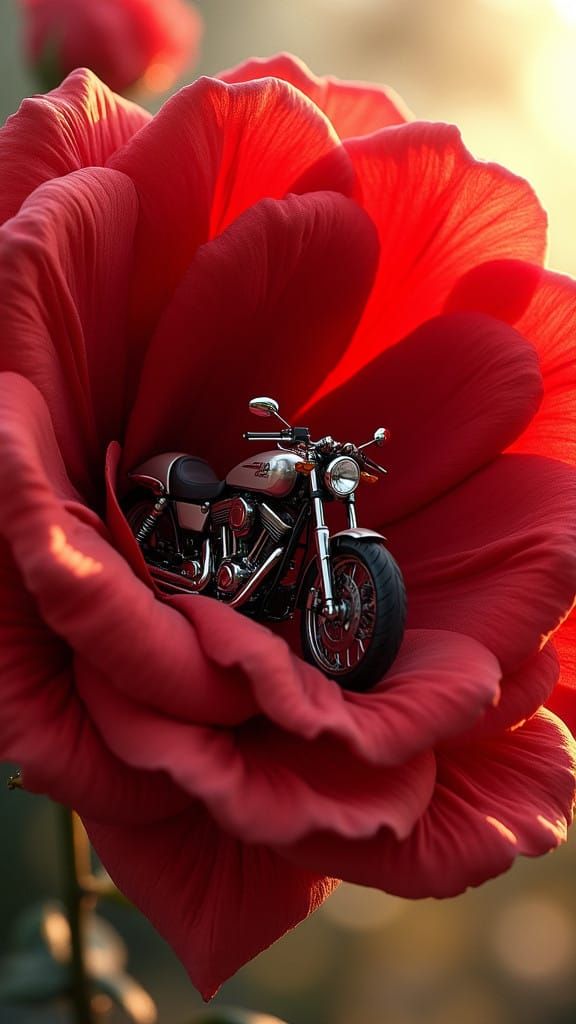 Surreal Rose with Motorcycle in Futuristic, Chromed Details...