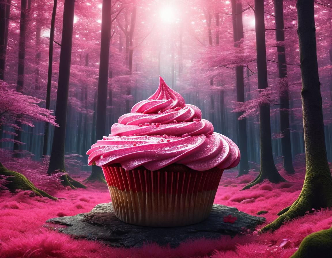 Giant Cupcake in Shimmering Forest: Ethereal Abstract Art