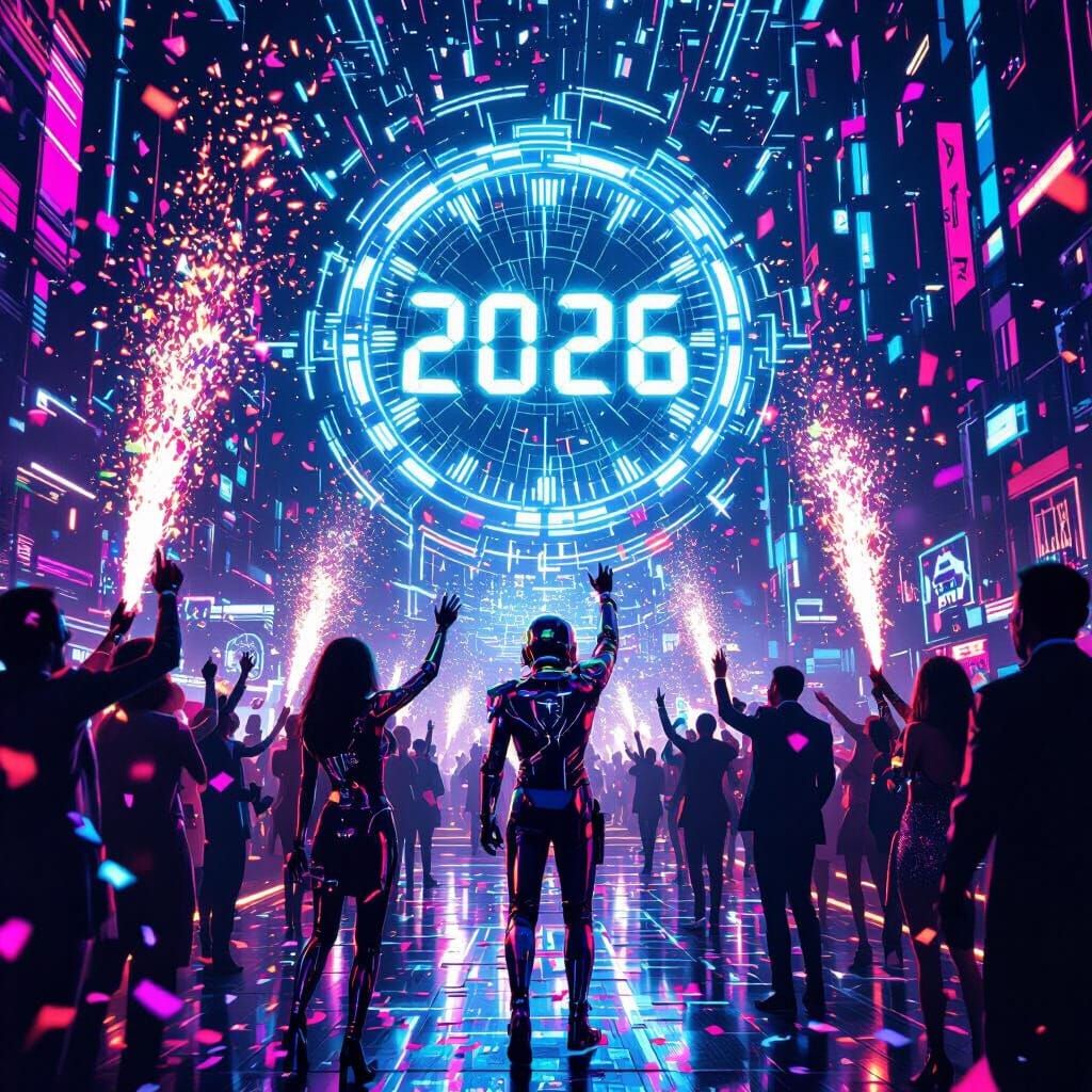 Futuristic New Year's Eve 2026 Celebration with Neon Lights