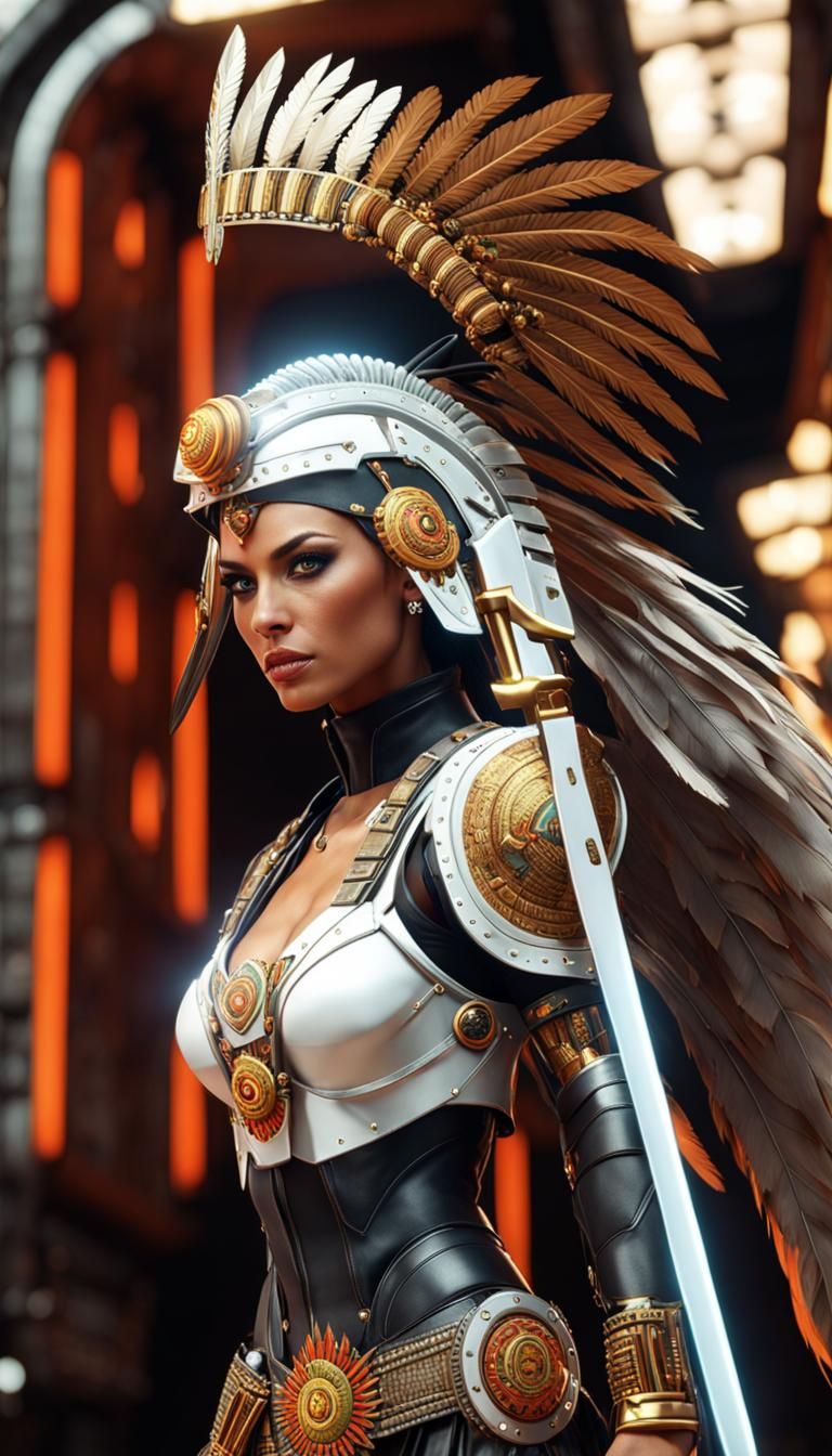 Aztec Warrior Woman in Cyberpunk Servo-Armor