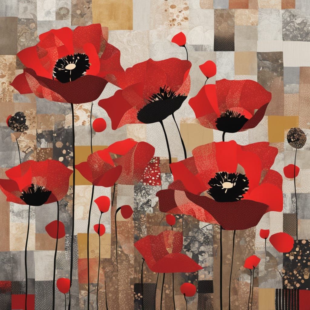 Vibrant Red Poppy Blooms Amidst a Colorful Patchwork Quilt
