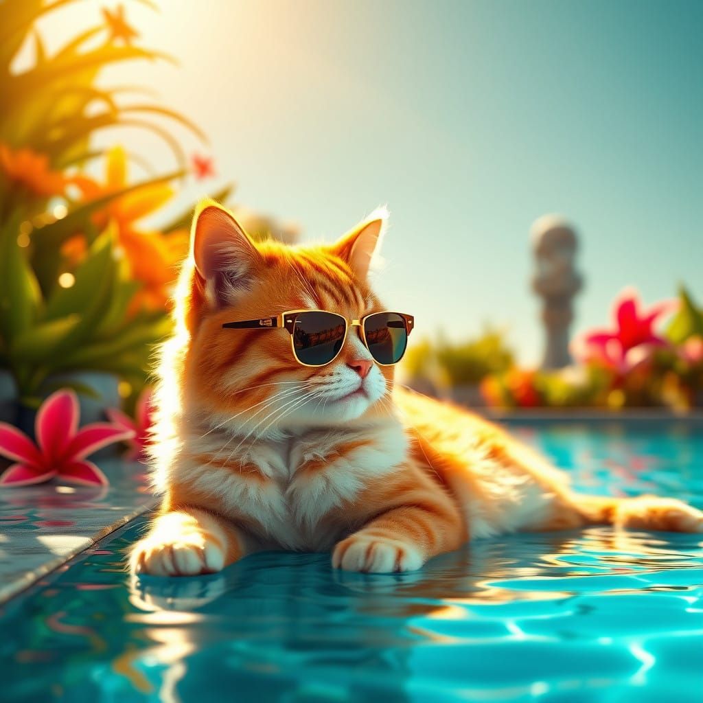 Vibrant Cat Basks in Tropical Oasis