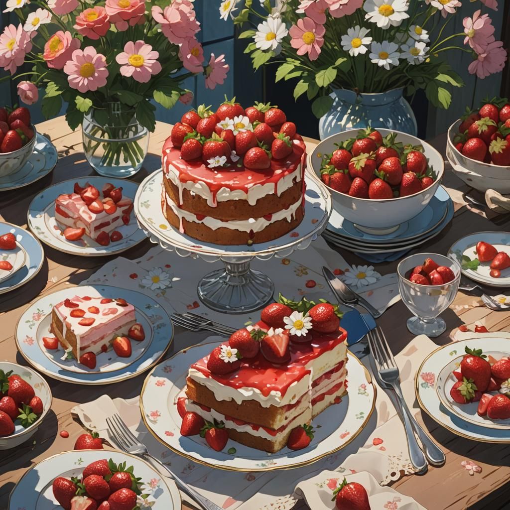 Strawberry Cake with Strawberry Flowers, Anime Style