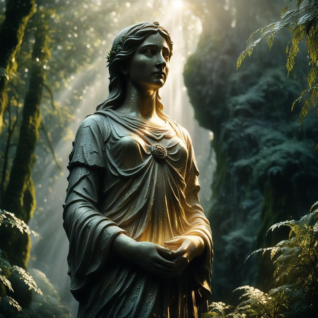 Angelic Statue in Forgotten Forest: Hyperrealistic Film Stil...
