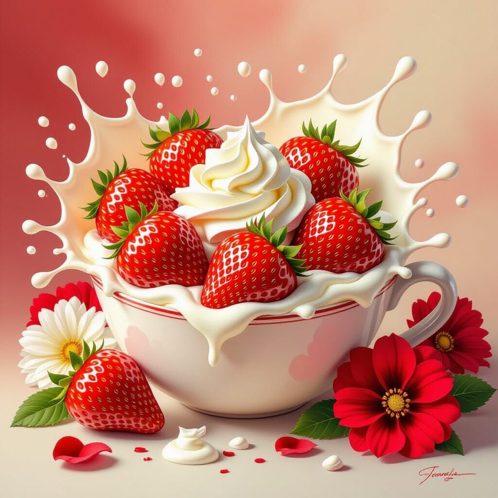 Hyperrealistic Strawberries and Cream with Floral Display