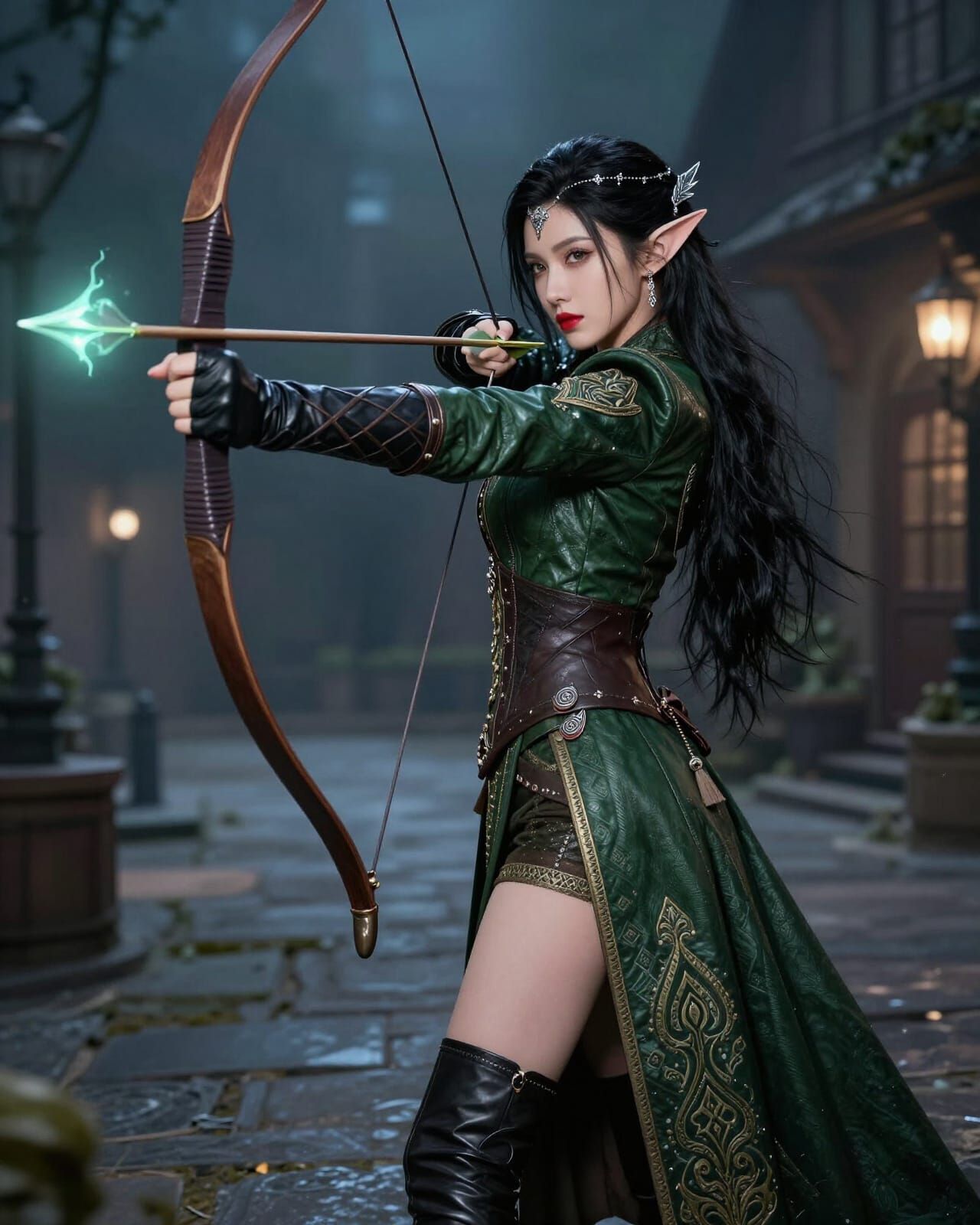 Raven Haired Elf Woman Aims Magical Bow in Fantasy Town