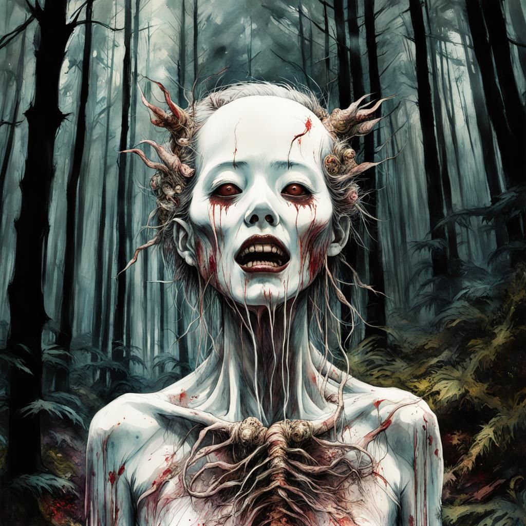 Macabre Cronenberg Monster in Ghibli Forest