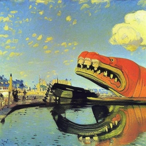 Crocodile Resting: Impressionistic Realism Under Blue Skies