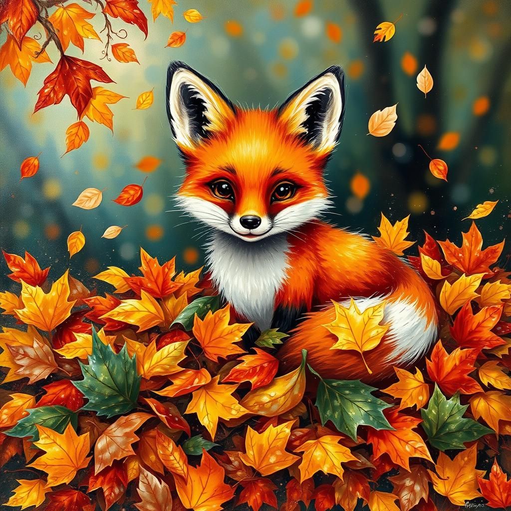 Whimsical Fox in Autumn Leaves, Kinetic Pointillism